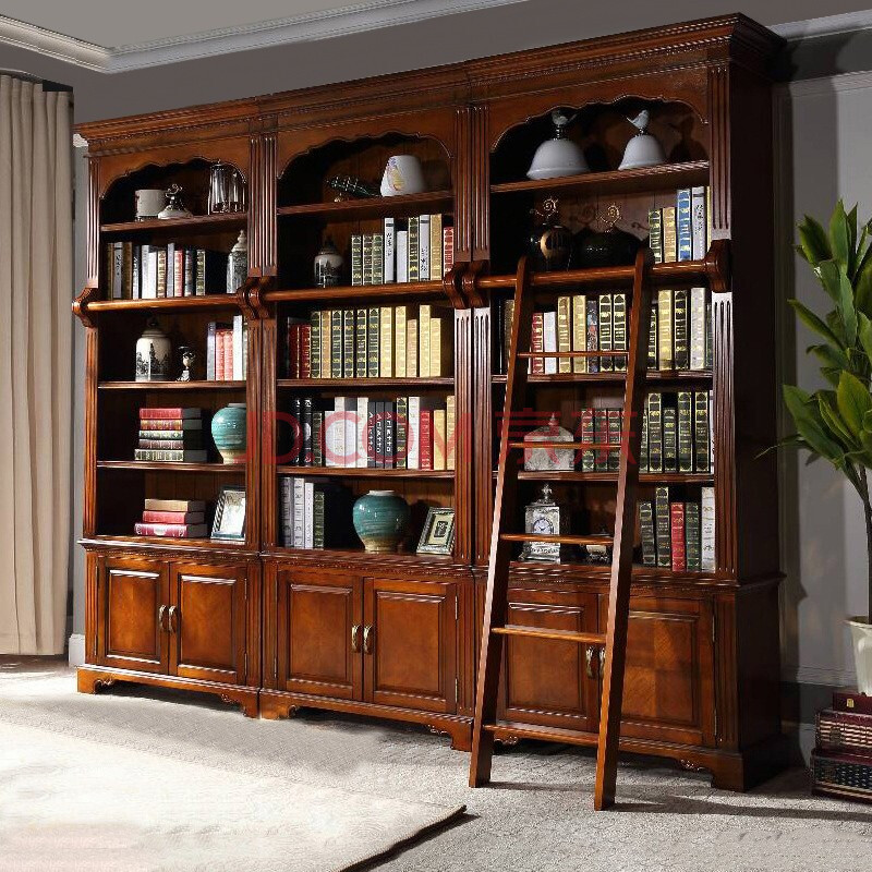欧格美斯 美式实木书柜简约欧式橡木整背景墙书架组合原木落地书橱