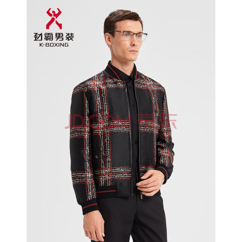劲霸男装 商务休闲短版茄克十字格纹飞行员夹克hkdd3207 黑色 170