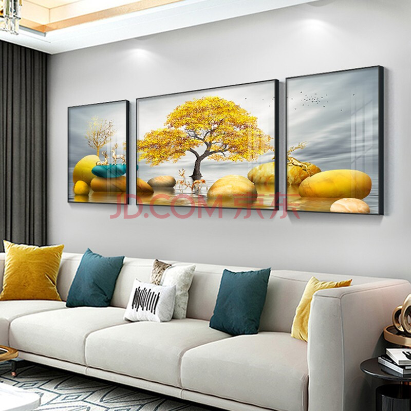 领洁(lingjie)客厅装饰画简约现代沙发背景墙挂画三联风景轻奢晶瓷