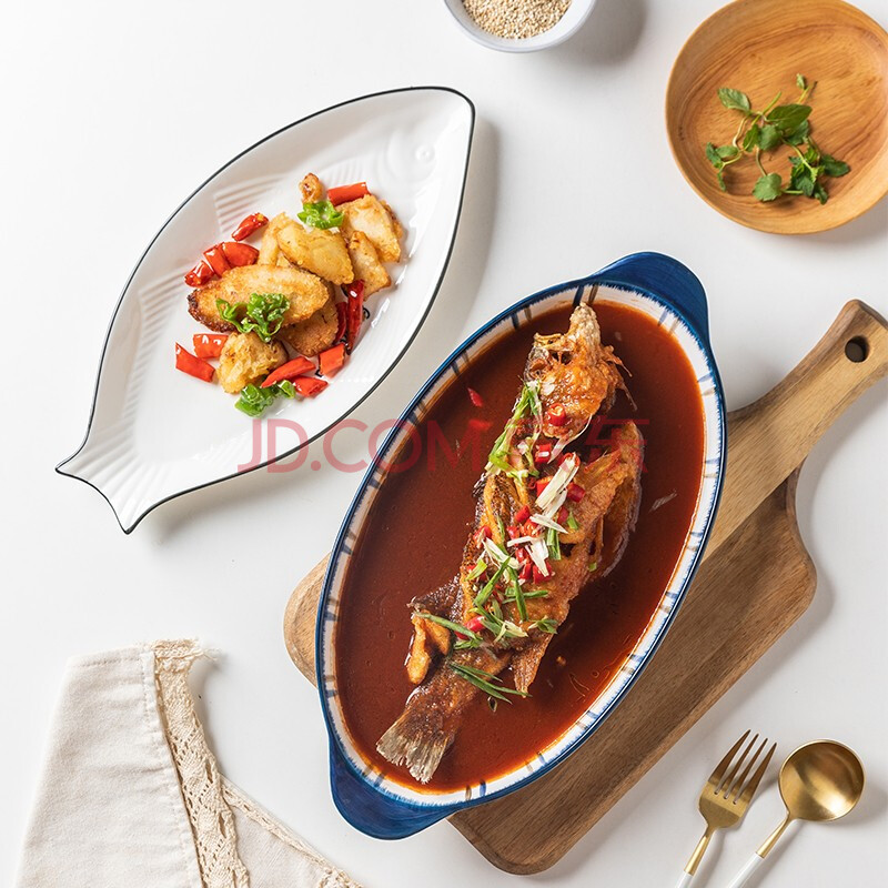 摩登主妇烤鱼盘大号北欧风椭圆装鱼盘家用蒸鱼盘子瓷鱼碟子炒菜盘