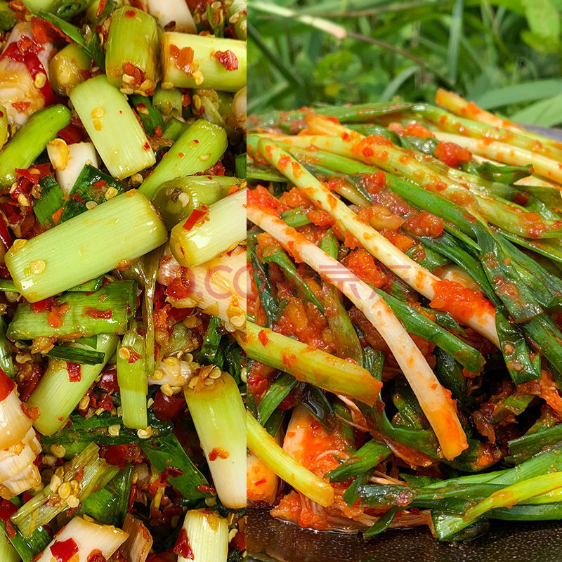 农家自制腌大蒜苗咸菜腌大蒜杆大蒜叶大蒜须大蒜根茎辣椒酱下饭菜