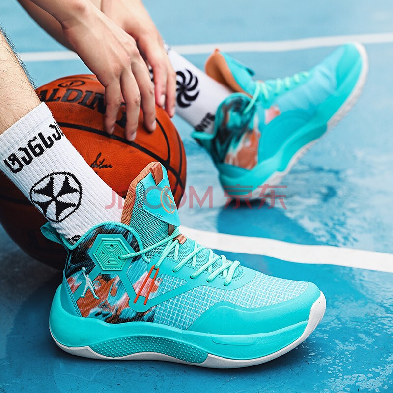 高帮篮球鞋男樱草粉夏季透气实战aj球鞋减震摩擦会响休闲鞋 青色 37