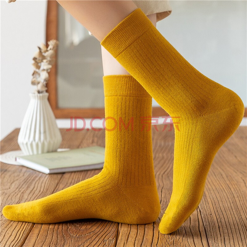 可素袜子女纯棉中筒女袜韩版纯色舒适棉袜子 黄色单双装