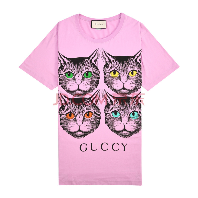 古驰gucci t恤 女士猫咪印花图案夏季新款紫色潮流圆领短袖男女同款