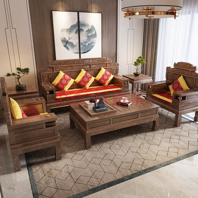 榆木中式家具清明古典沙发组合套装客厅农村大户型 财源沙发113六件套