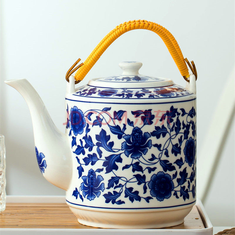 陶瓷大茶壶家用景德镇青花瓷冷水壶大容量凉水壶老式提梁壶泡茶壶 2l
