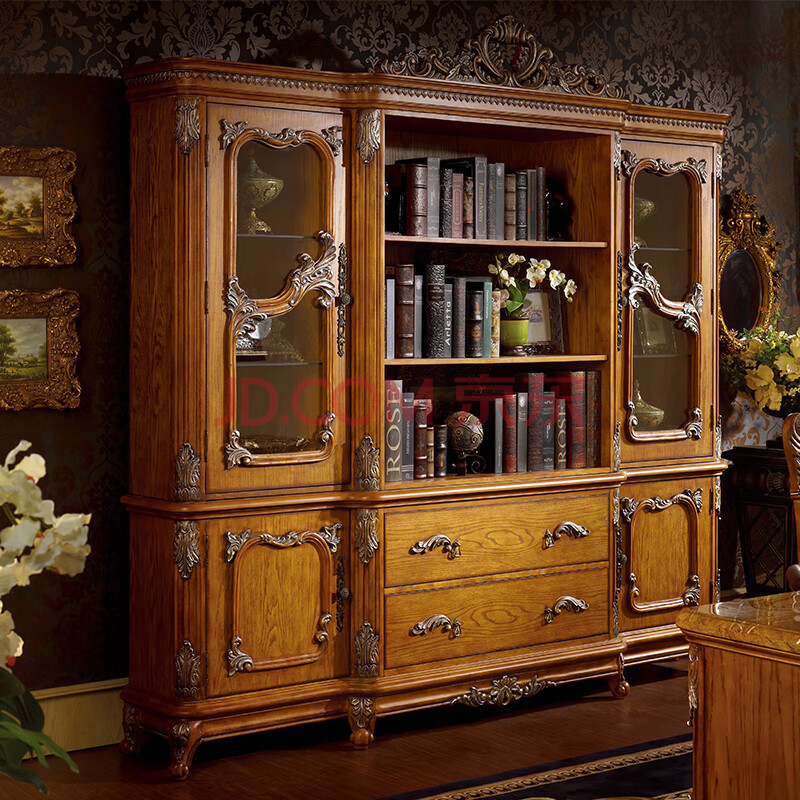 欧式实木书架单个书架 书房复古书架柜别墅雕花做旧书架柜玻璃柜 书柜