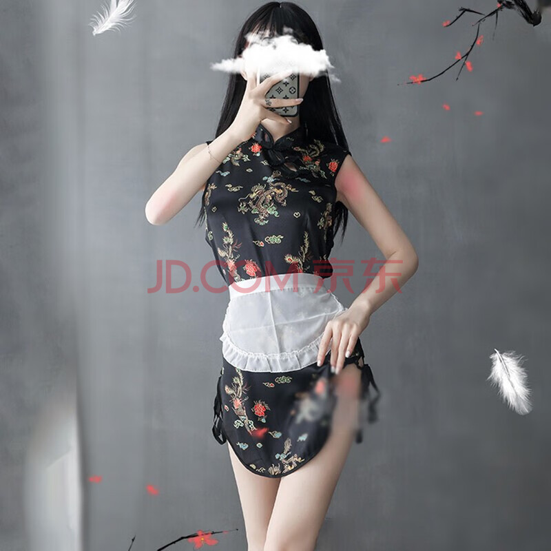 装开叉短旗袍风情趣复古旗袍厨娘制服透视套装 龙凤绣花(衣服 t裤
