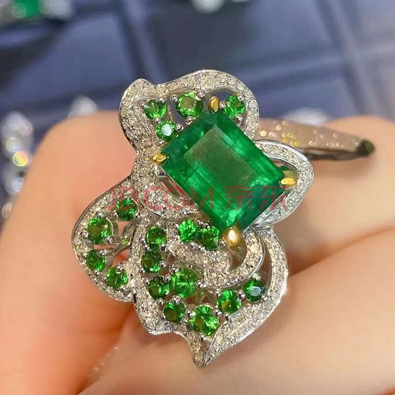 pearlboat 祖母绿戒指 女士戒指珠宝手饰女戒彩宝18k金镶钻沙弗莱群镶