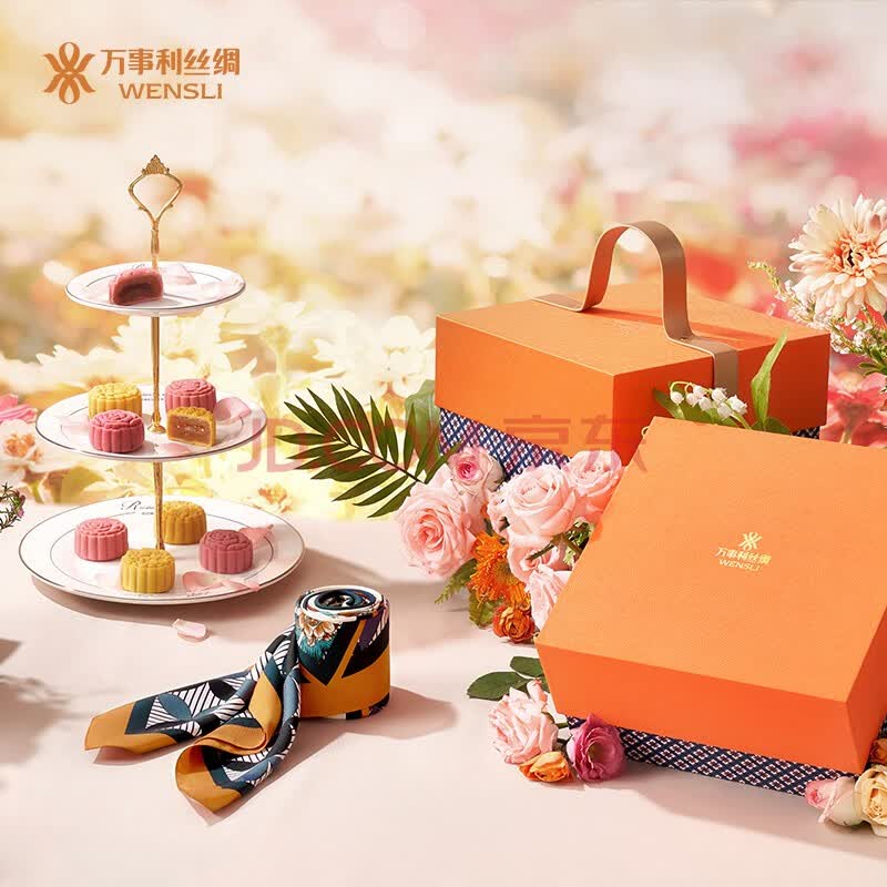 万事利(wensli)真丝丝巾女桑蚕丝中秋礼盒 杭州丝绸加月饼礼盒送礼