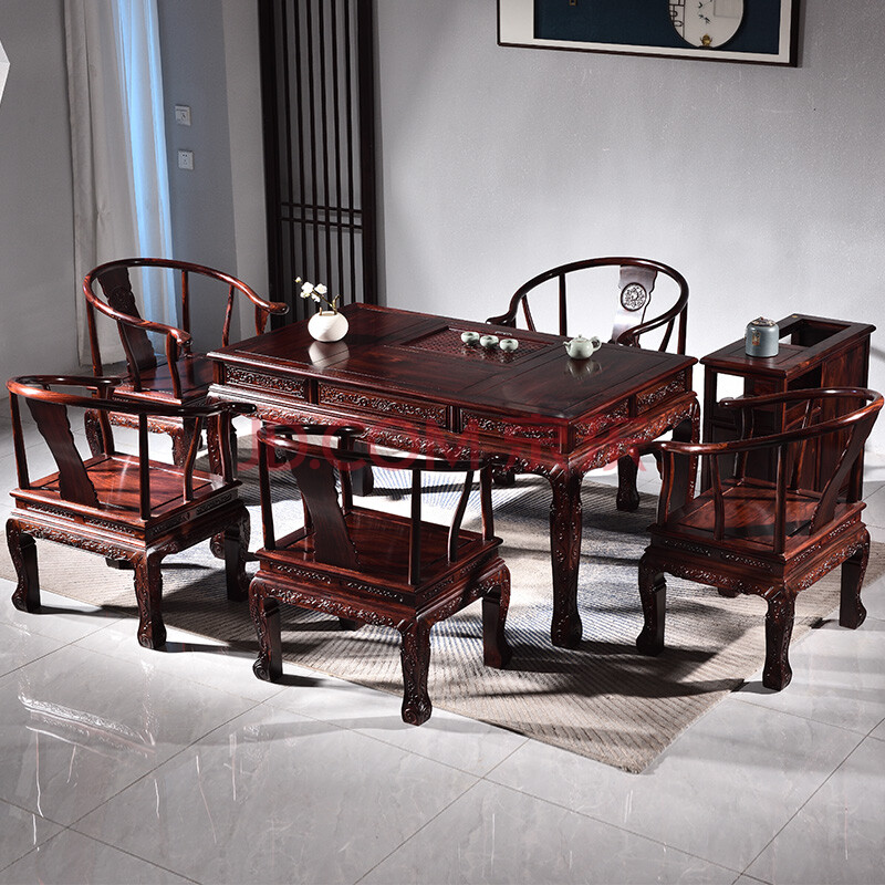 木中央 红木家具 印尼黑酸枝(学名:阔叶黄檀)实木茶桌椅组合套装 中式