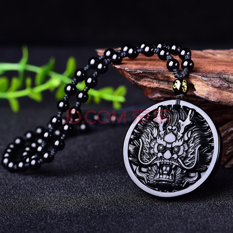 天然黑曜石龙牌吊坠男士款霸气龙形挂坠项链水晶饰品礼物 珠链款