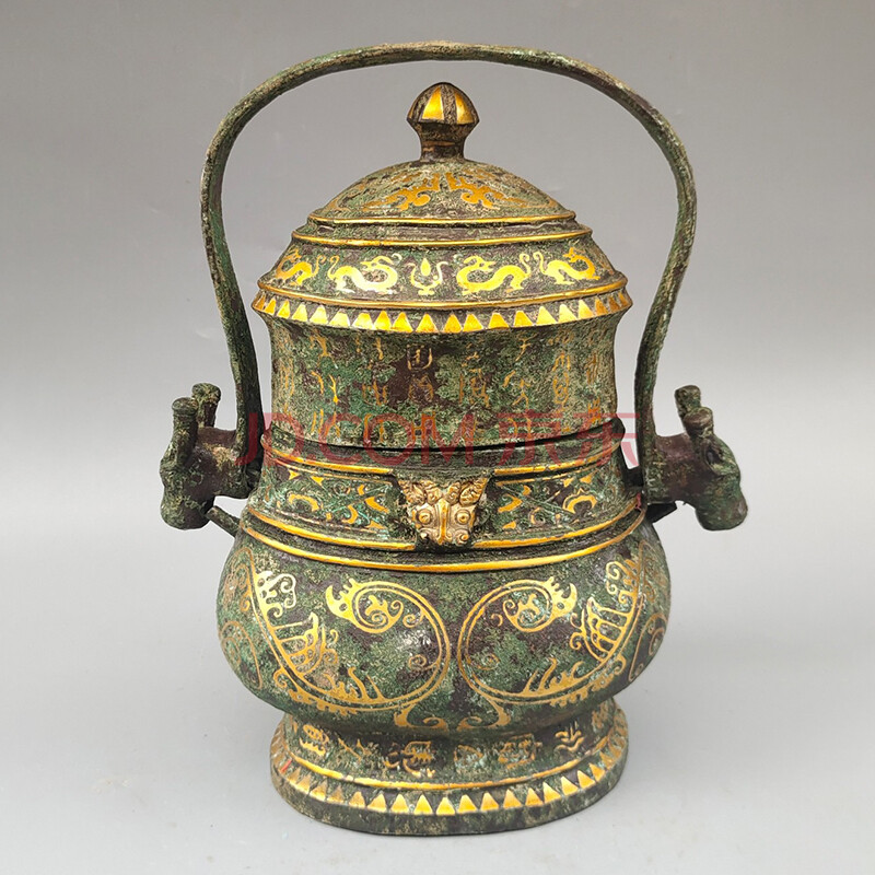 青铜搓金 提梁扁壶 高27cm 宽22cm 约1175克【图