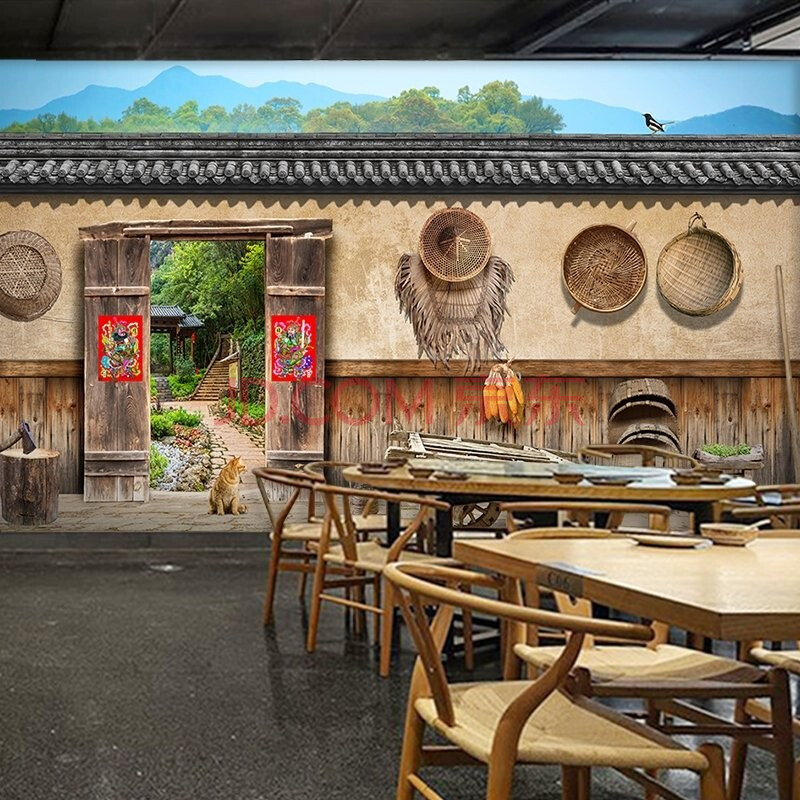 西里尔复古怀旧中式饭店餐馆装修墙纸农庄农家乐餐厅土菜馆墙面装饰