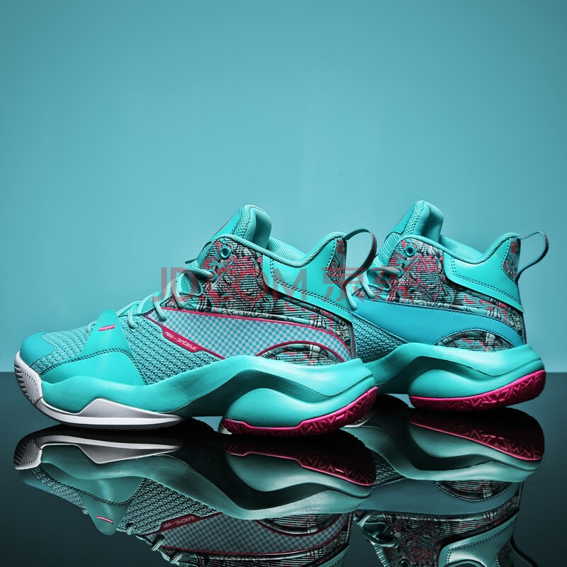 高帮男鞋透气减震后卫实战音速8球鞋男高中学生青少年小码运动鞋 青色