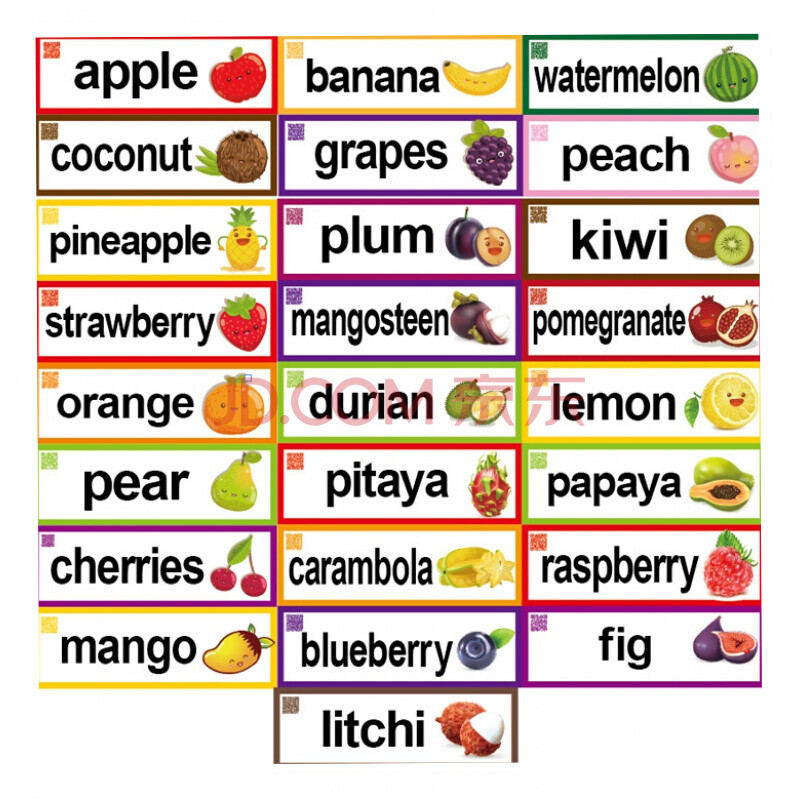 牆貼英文閃卡水果單詞英文教具識圖幼兒英語培訓貼紙 水果25張一套 帶