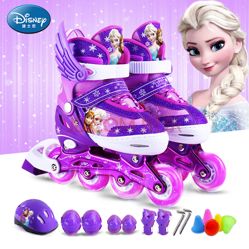 迪士尼(disney)轮滑鞋儿童 溜冰鞋紫色冰雪奇缘闪光轮滑冰鞋套装3-4-6