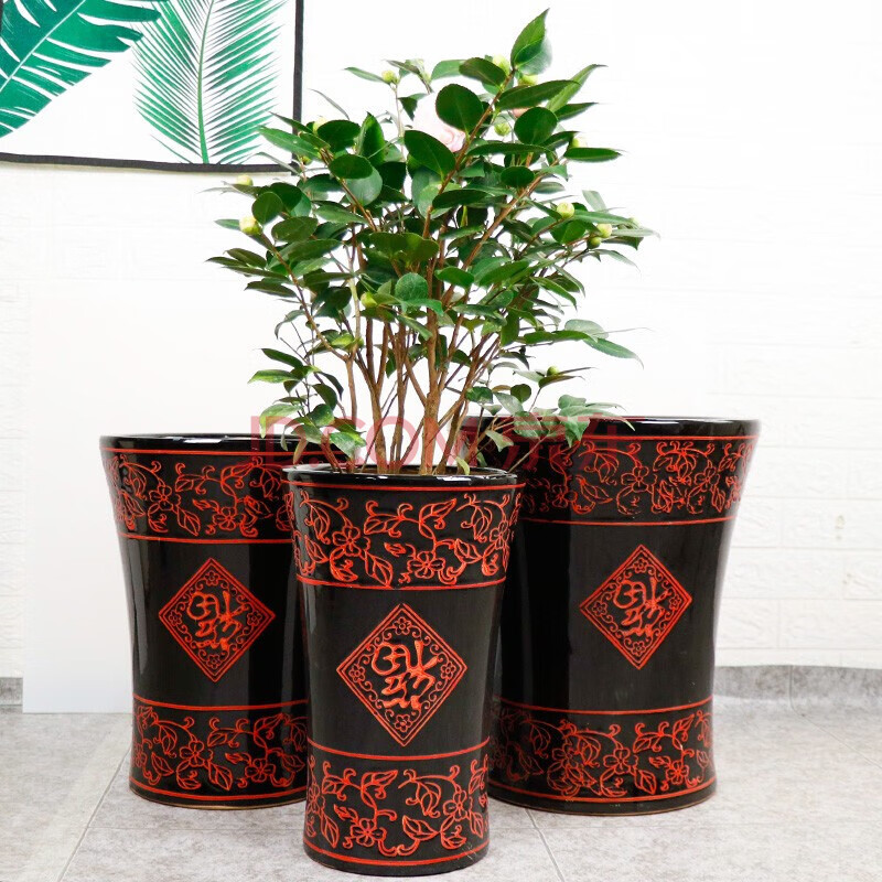 金枝恋 陶瓷花盆发财树花盆大花盆绿萝花盆高款陶瓷花盆 黑色福字