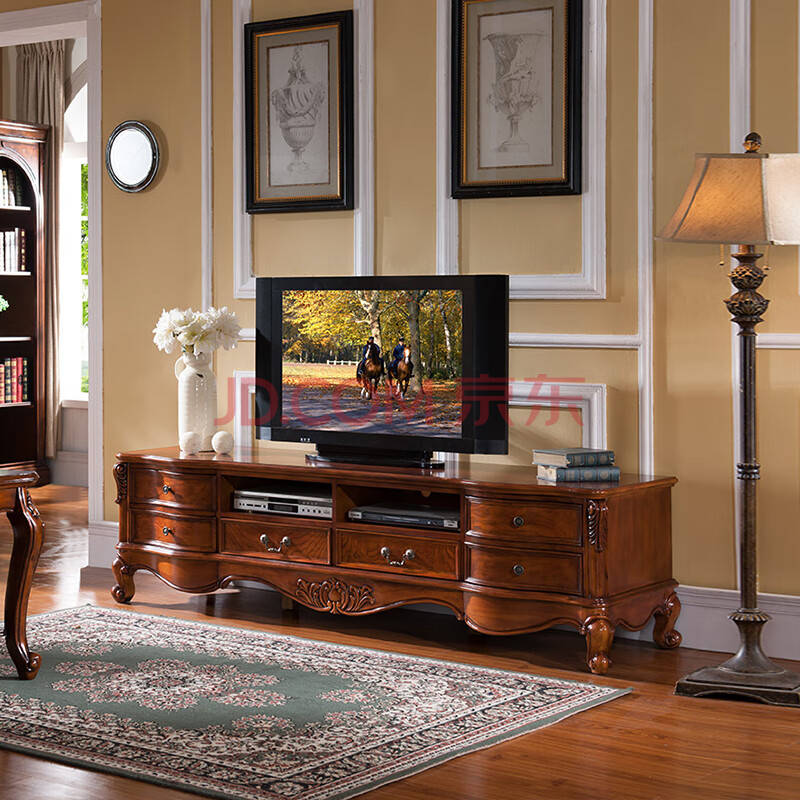 首杰美式风格实木电视柜欧式雕花整装客厅地柜矮柜家用小户型展示柜