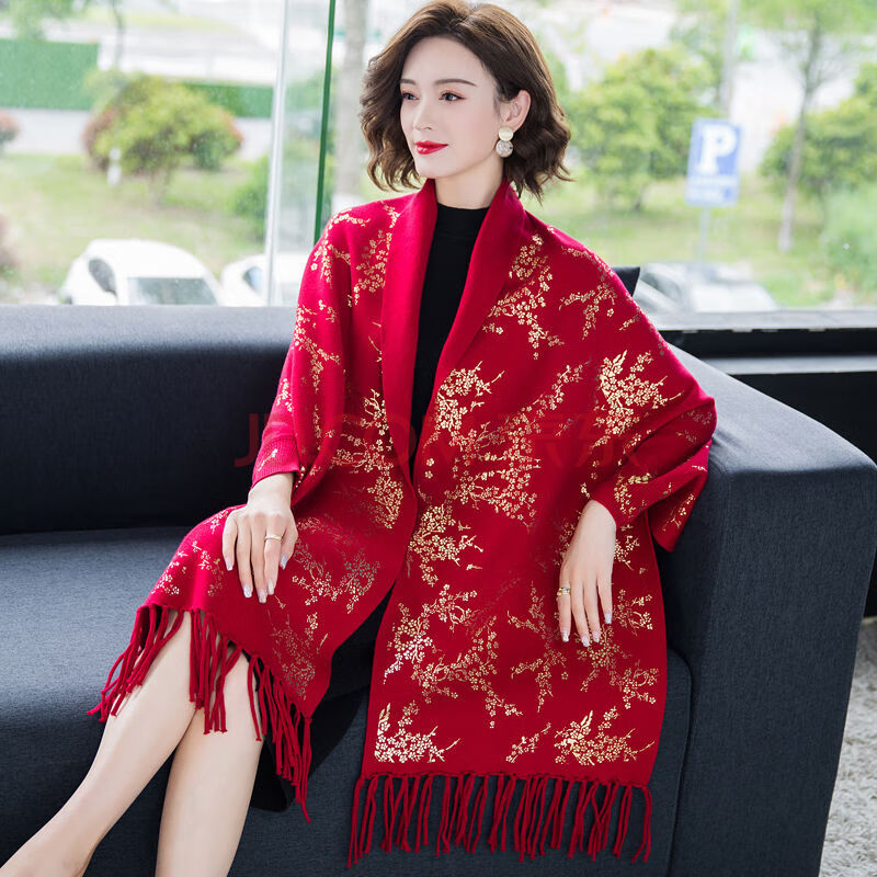 旗袍小披肩斗篷式带袖女围巾女中长款旗袍外搭针织开衫女外搭保暖加厚