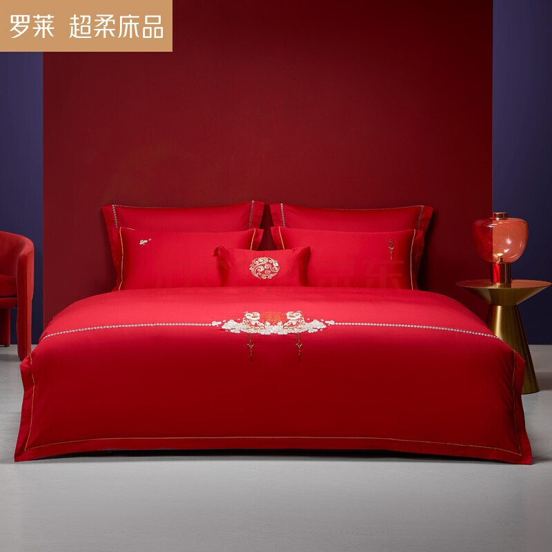 罗莱家纺 婚庆四件套大红贡缎绣花双人床上用品床单被套被罩 狮狮抱喜