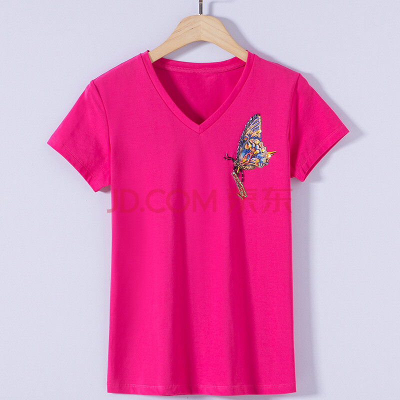 2019新款短袖t恤女手工钉珠百搭v领蝴蝶女士上衣 玫红色 xxl