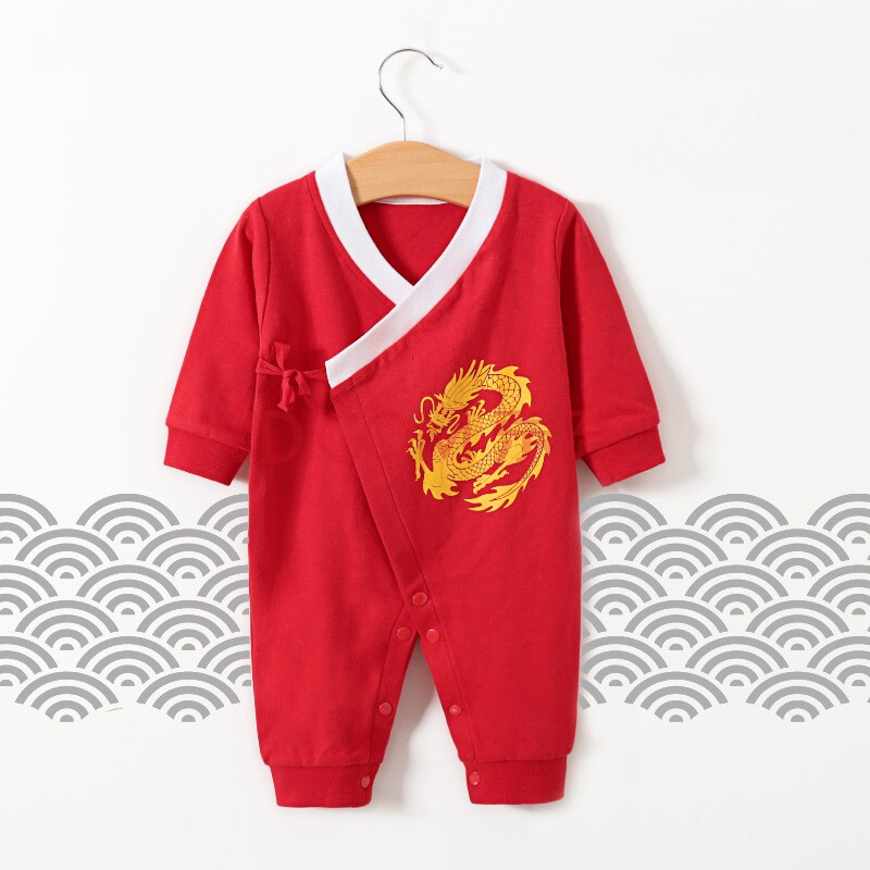 新生儿连体衣和尚服红色喜庆服中国龙男宝宝爬爬服满月百日吉利服邦诗