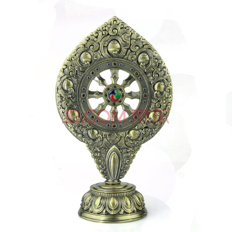 藏传佛教用品法轮摆件铜合金七政宝轮王镶宝石供具密