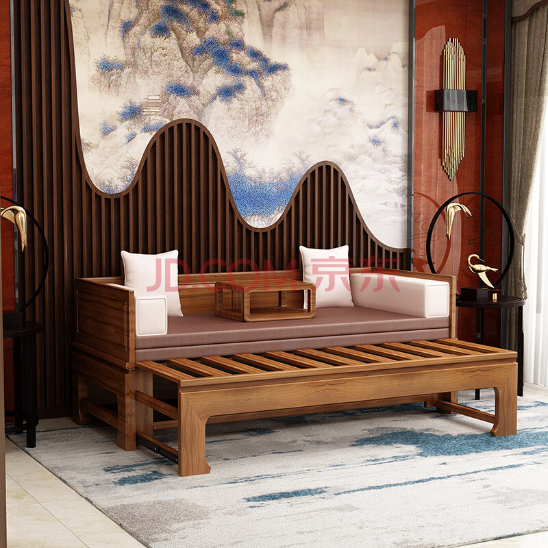 罗汉床实木老榆木新中式小户型推拉床禅意家具双人沙发简约伸缩床 老