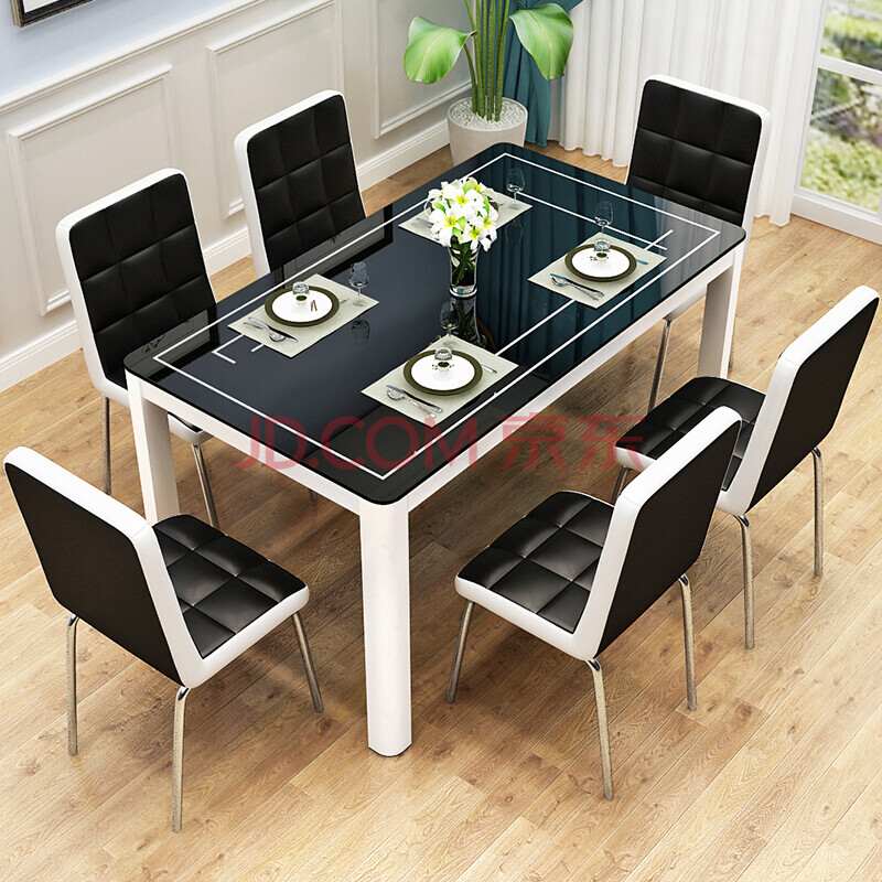 祁楠木简约现代餐桌椅组合小户型家用4人6人吃饭桌子钢化玻璃长方形
