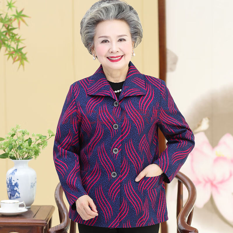 中老年人秋装外套女奶奶装春秋装长袖上衣老人女装衣服 条纹花 红 2xl