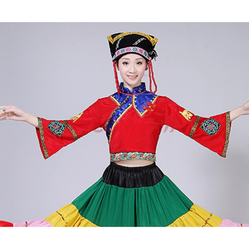 新款彝族七彩大摆裙舞蹈火把节演出服装少数民族彝族开场舞大摆裙zp