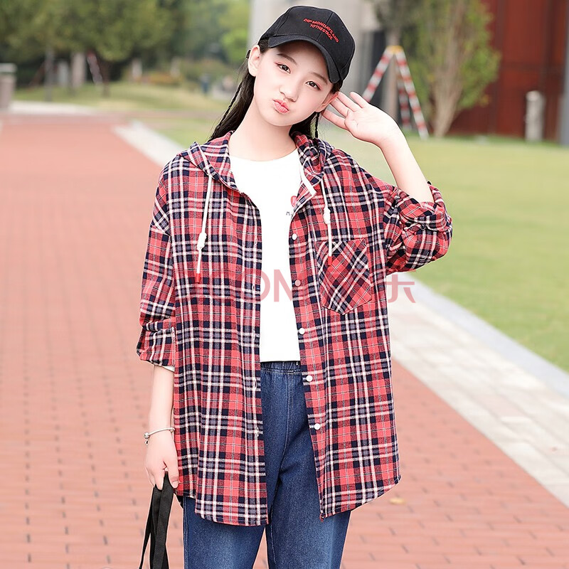 中学生衬衫女2019新款韩版宽松少女秋装连帽长袖初中生格子外套女 红
