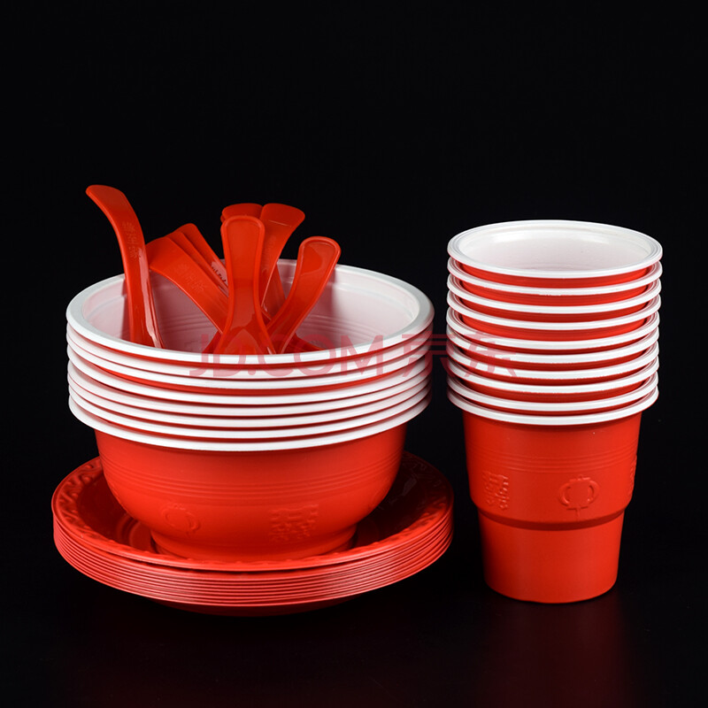 一次性碗筷套装加厚红色结婚酒店商用婚庆塑料杯碟餐具 碗 杯 碟 勺各