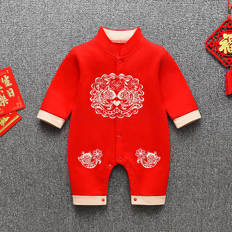 百天宴秋季百岁礼服一周岁红色男孩新生儿连体衣福娃喜庆衣服瓦戈吉尔