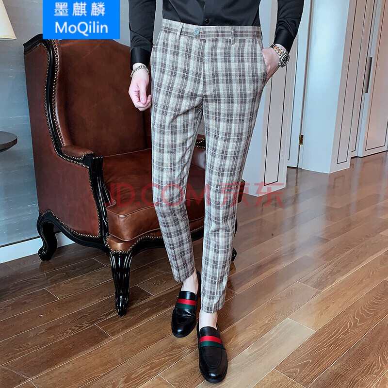 麒麟潮2019新款英伦风秋季西裤男士休闲时尚潮流格子韩版裤子 灰色 29