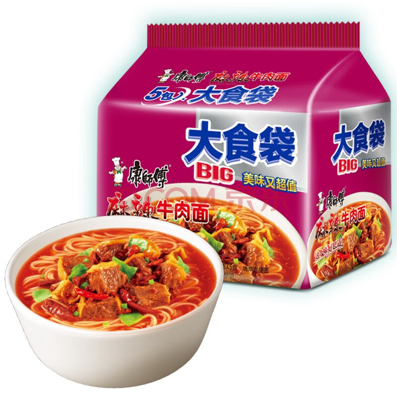 康师傅方便面大食袋麻辣牛肉面方便面5连包家庭分享装