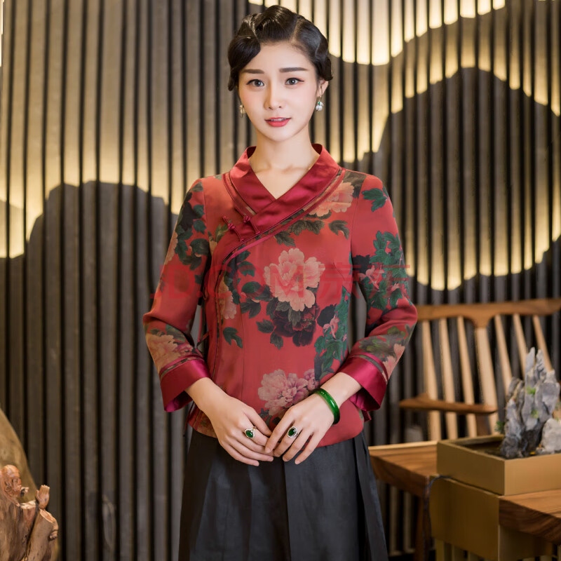 华族经典唐装改良时尚香云纱中式复古汉服旗袍上衣女秋款 红色 m