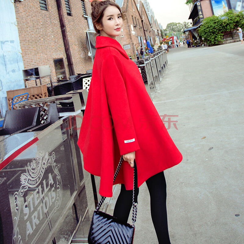 秋冬红色斗篷披肩毛呢外套韩版中长款宽松显瘦立体裙摆呢子大衣女