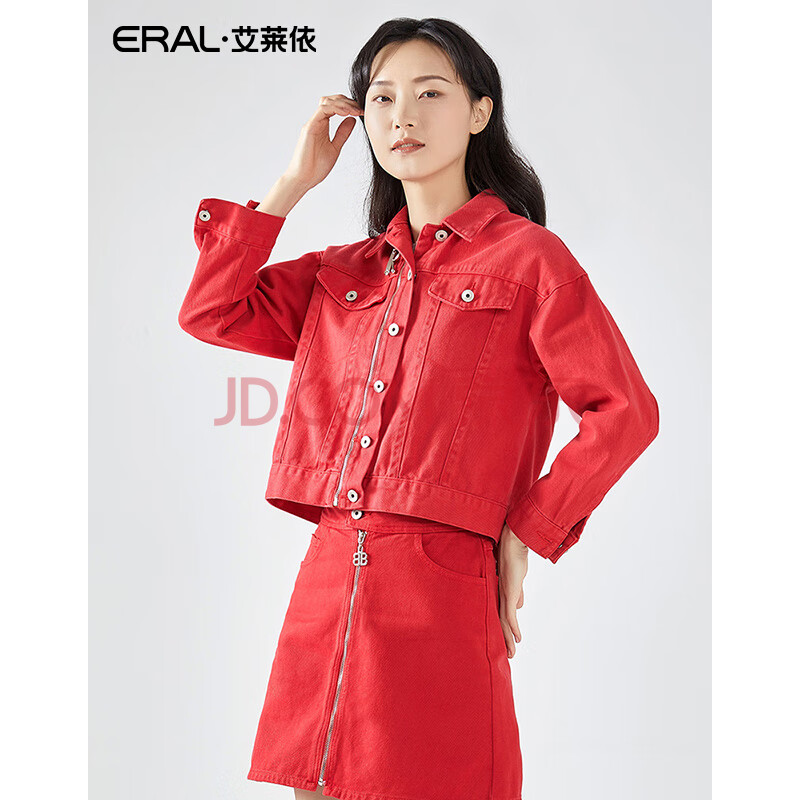 艾莱依2020年春装新款个性潮牛仔外套女帅气百搭上衣6019aa15001 绯红