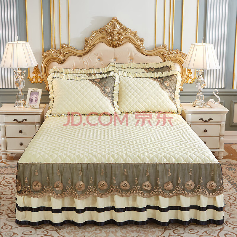 艾高家纺 蕾丝床裙床罩单件夹棉加厚花边床单三件套席梦思床罩床垫