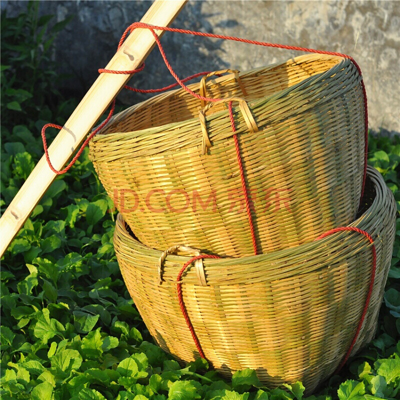 竹编制品 淘米箩篼 粮食竹筐 收纳篓喜事筐簸箕 军绿色 132cm楠竹扁担