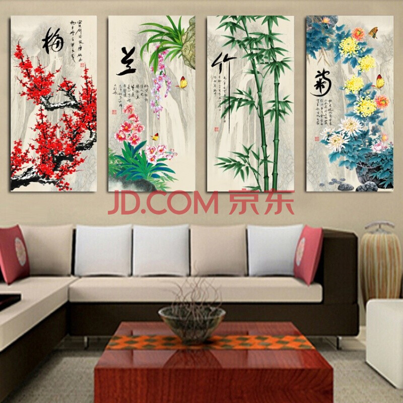梅兰竹菊挂画梅兰竹菊四张一套客厅家居装饰画墙贴壁画风景画春夏秋冬