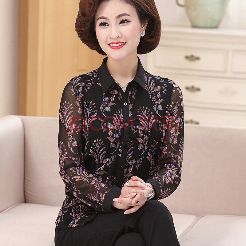 【京东好货】妈妈长袖真丝衬衫女短款2019春装40岁中老年夏天衬衣上衣