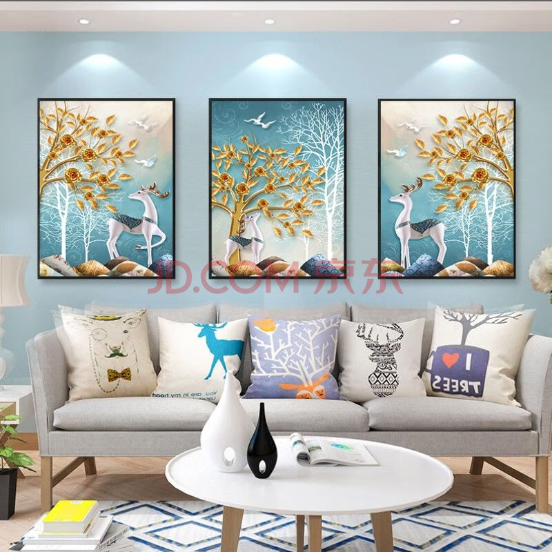 沙发背景墙壁画现代简约卧室餐厅挂画三联墙画 m款【金钱树鹿】黑边