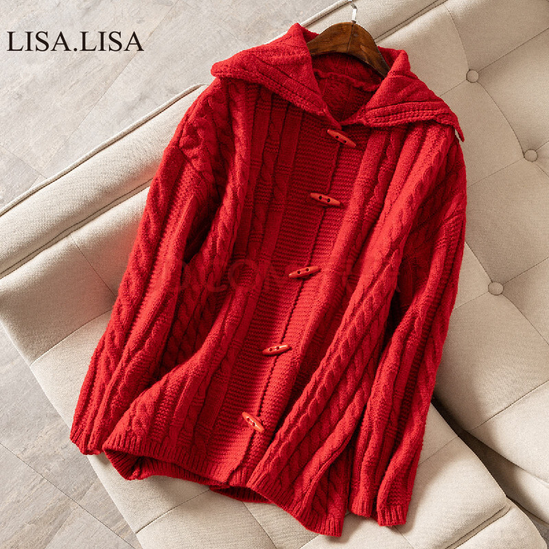 lisa 【秋冬新品】翻领牛角扣条纹长袖开衫毛衣外套女 红色 均码