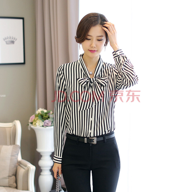 装韩版时尚ol气质蝴蝶结竖条纹修身显瘦百搭长袖衬衫 女 大码 371502