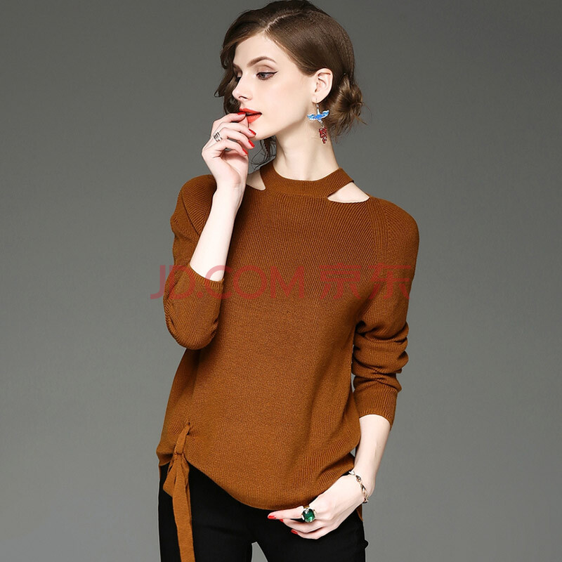 针织衫新品2017秋冬气质休闲长袖宽松百搭红色打底衫女士上衣潮 棕色