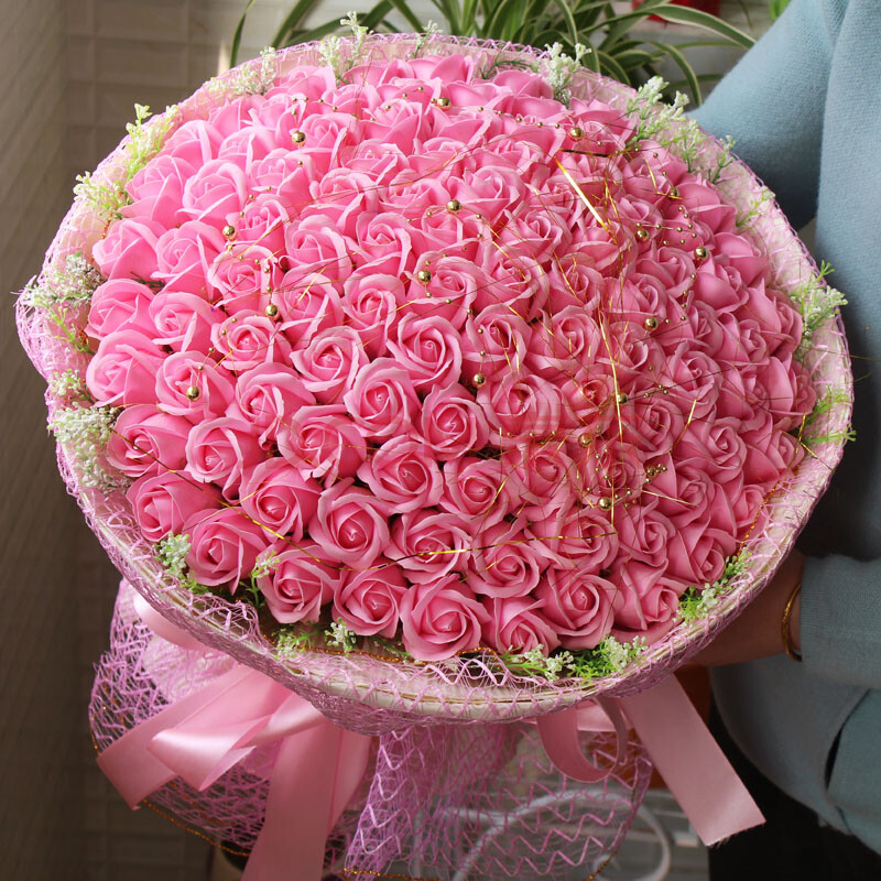 妖姬文艺玫瑰卡通花束婚庆蓝色节庆仿真节庆惊喜创意 99朵粉色香皂花