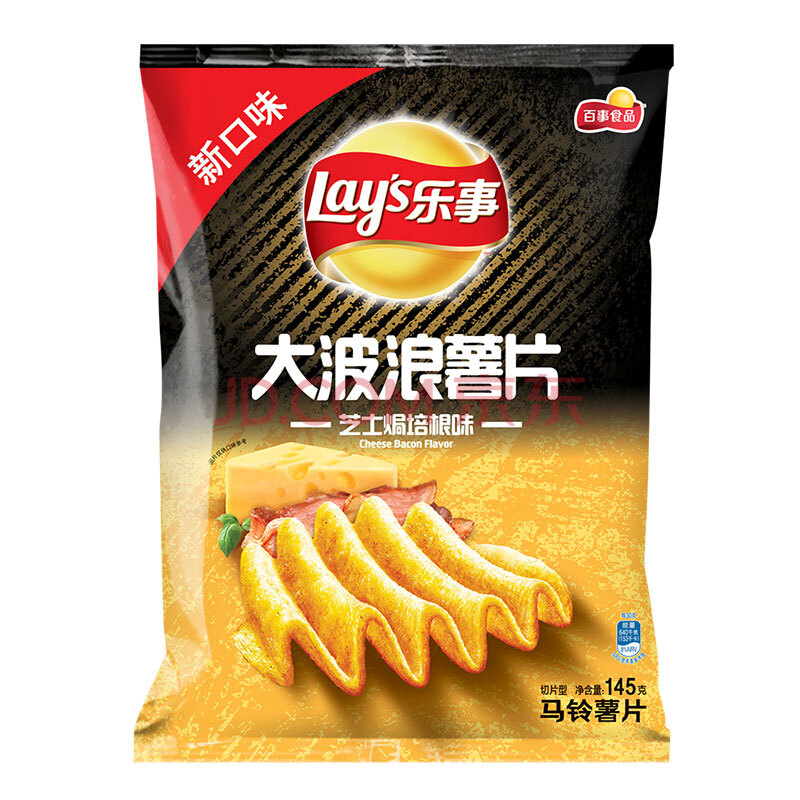 乐事(lays)休闲零食 大波浪薯片 芝士焗培根味 145克